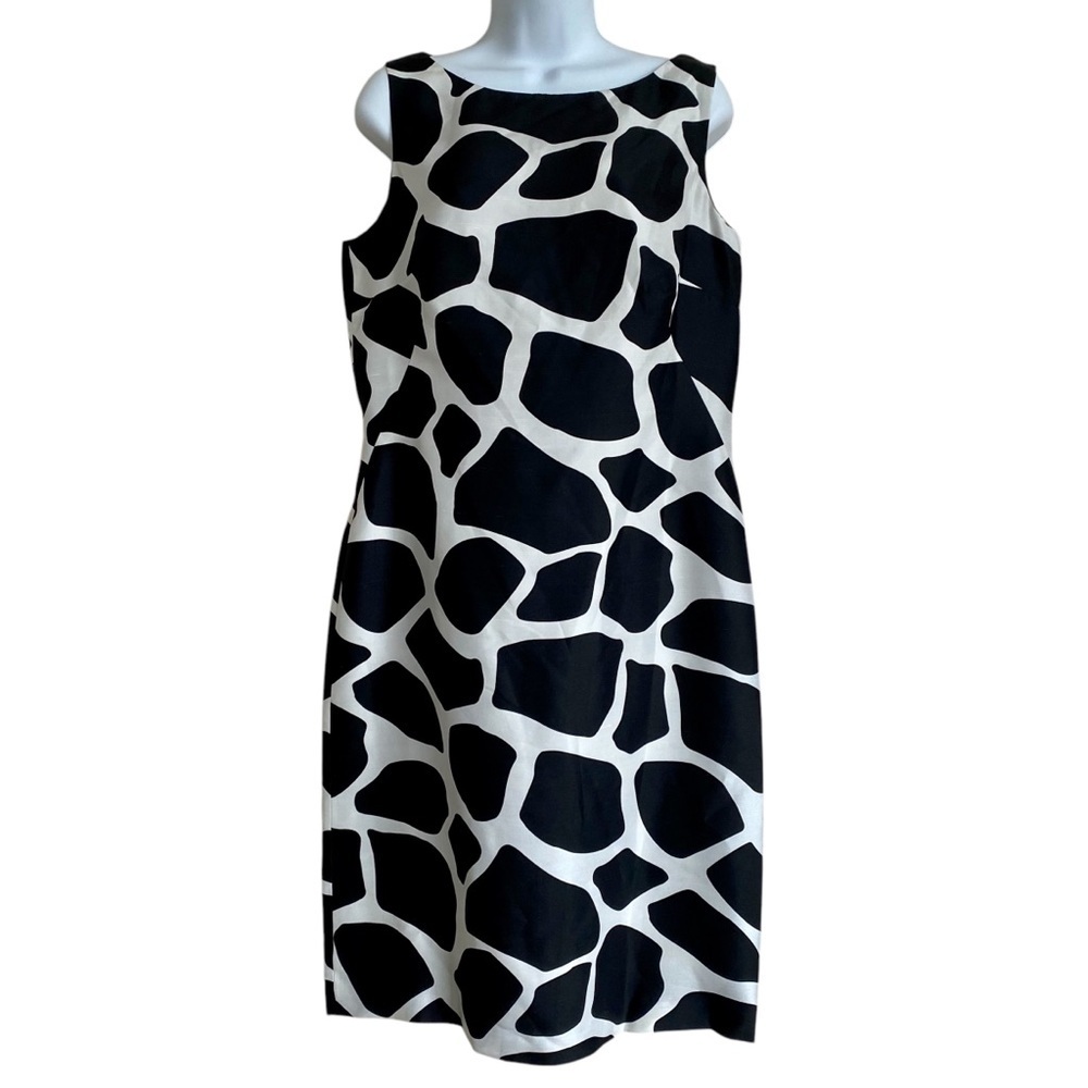 TALBOTS Silk Black White Animal Print Dress Sz 10 Sleeveless Boat Neck Sheath